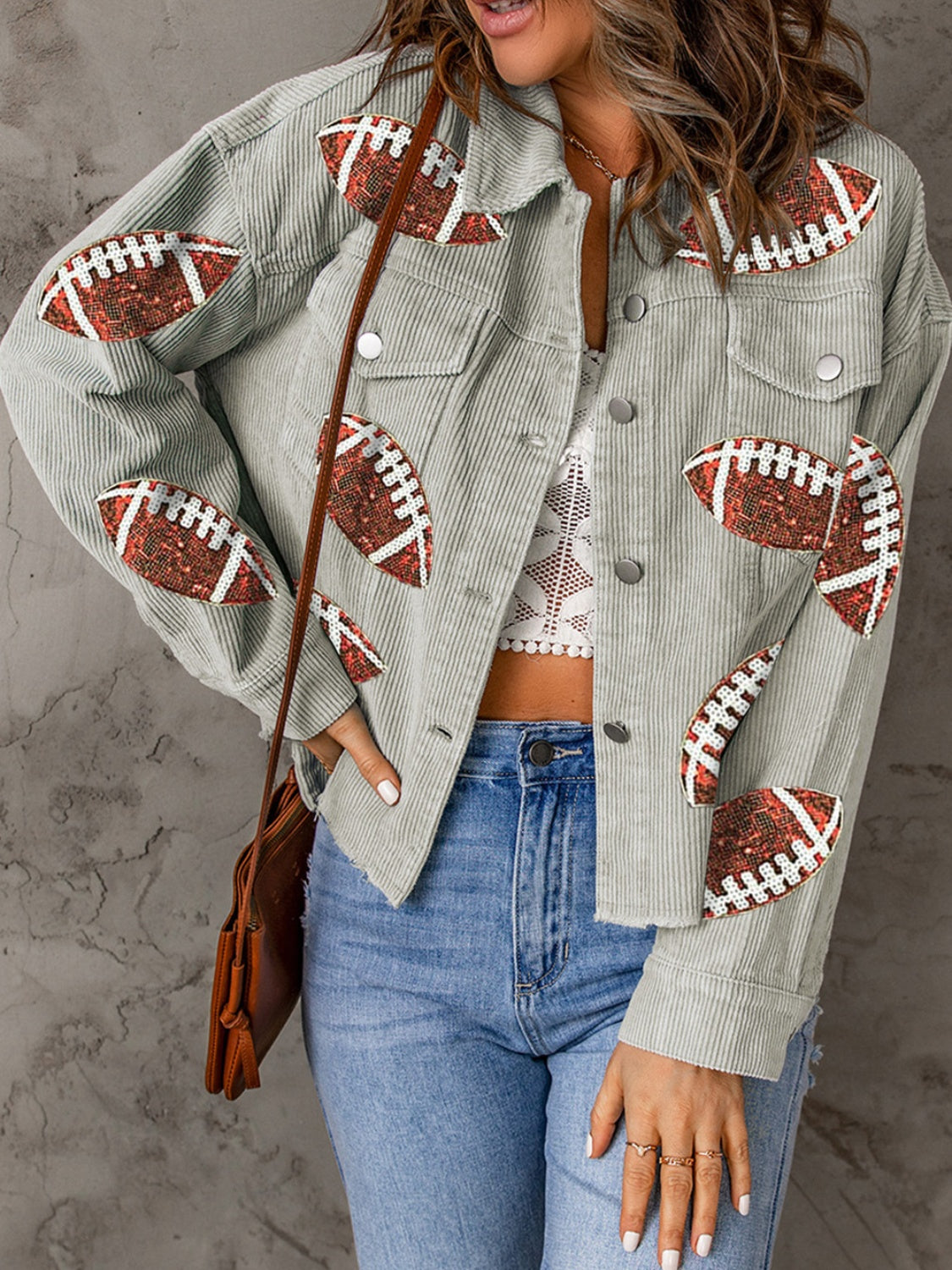 Football Sequin Button Up Dropped Shoulder Jacket Trendsi