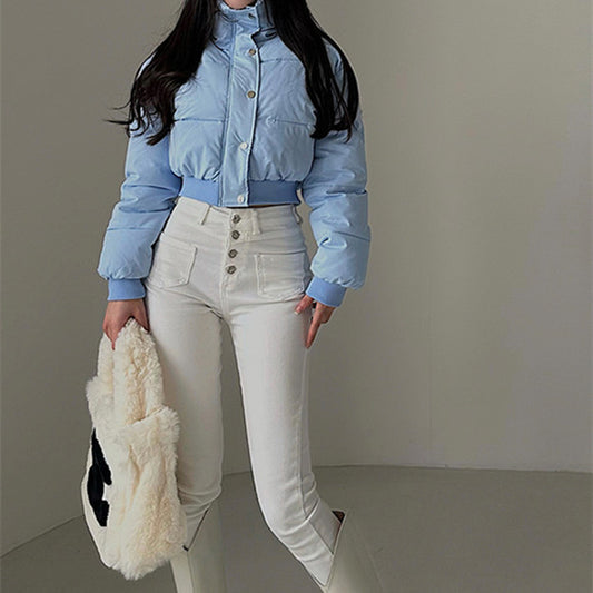 Hot Girl Fashionable Stand Collar Zipper Elastic And Waisted Warm Quilted Jacket Short Cotton Coat Women ARZ