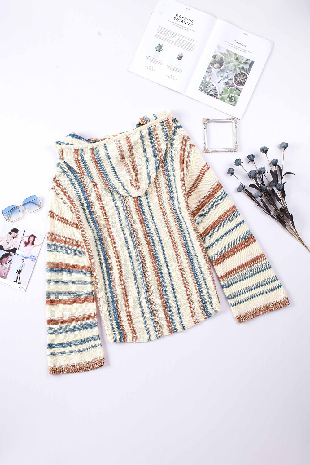 Contrast Striped Dropped Shoulder Hooded Knit Top Trendsi