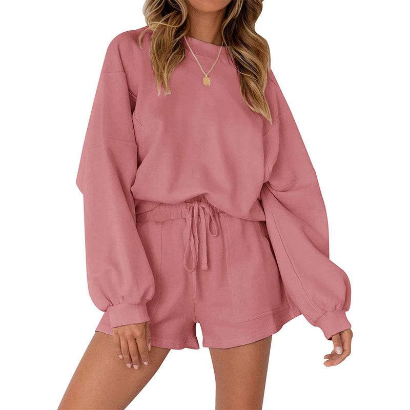 Casual Sports Sweatshirt Suits Loose Pullover Top And Drawstring Shorts Two-piece Set Womens Clothing ARZ