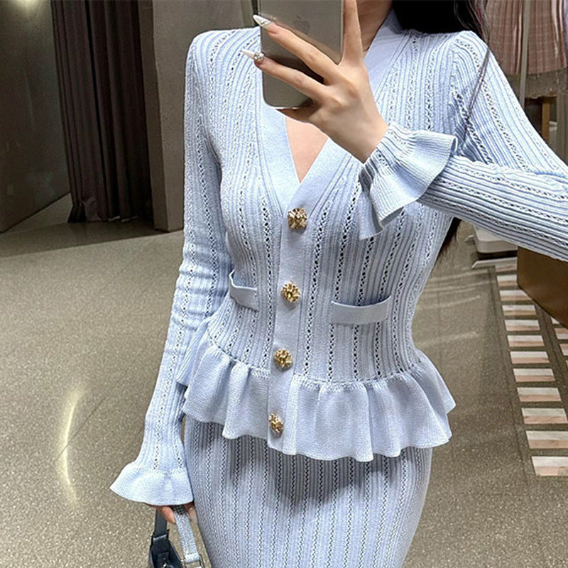 Female V-neck Ruffled Long Sleeved Patchwork Dress ARZ