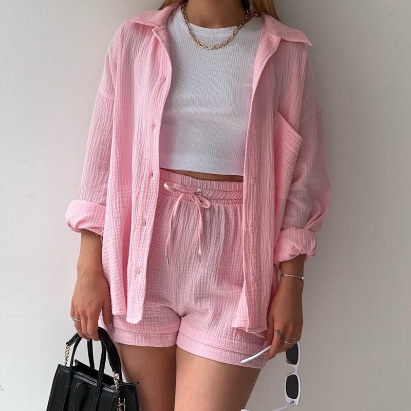 Spring Champray Lapel Long Sleeve Shirt High Waist Drawstring Shorts Plus Size Fashion Casual Set ARZ