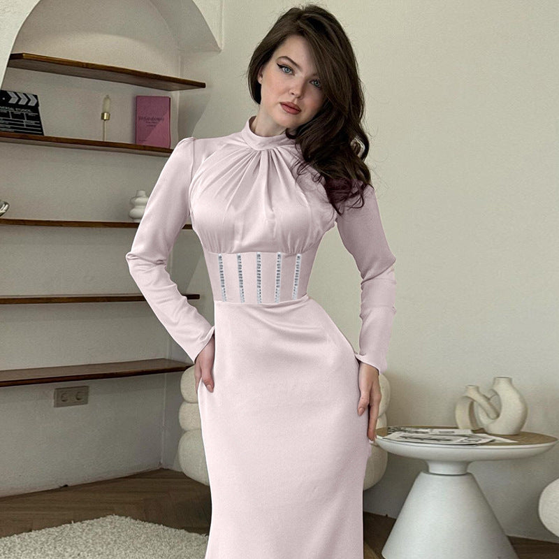 Autumn Fashion Style Half Turtleneck Rhinestone Long Sleeve Dress ARZ