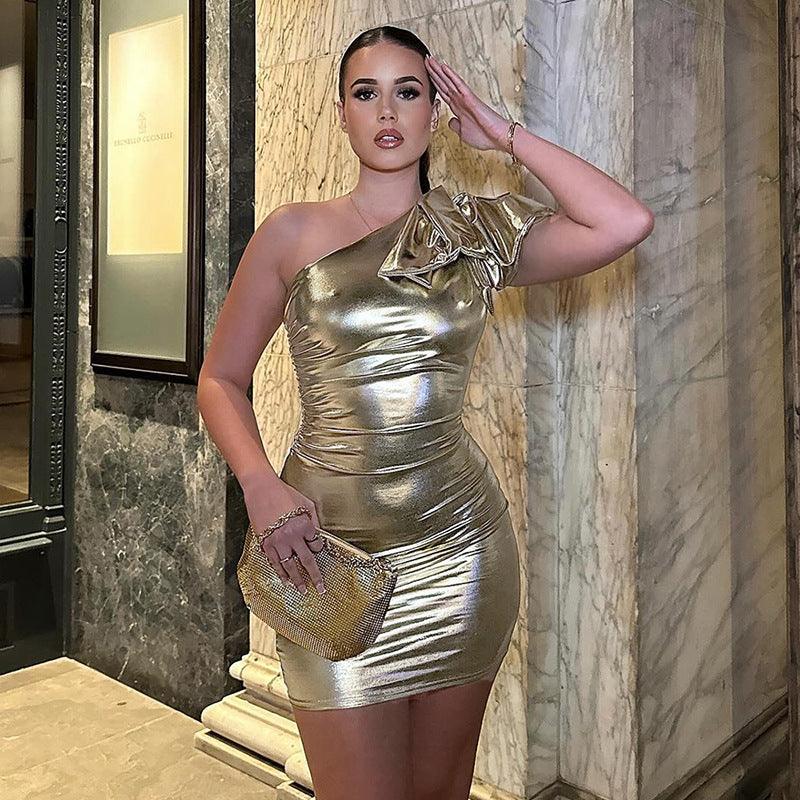 Bow Shoulder Metallic Tight Dress ARZ