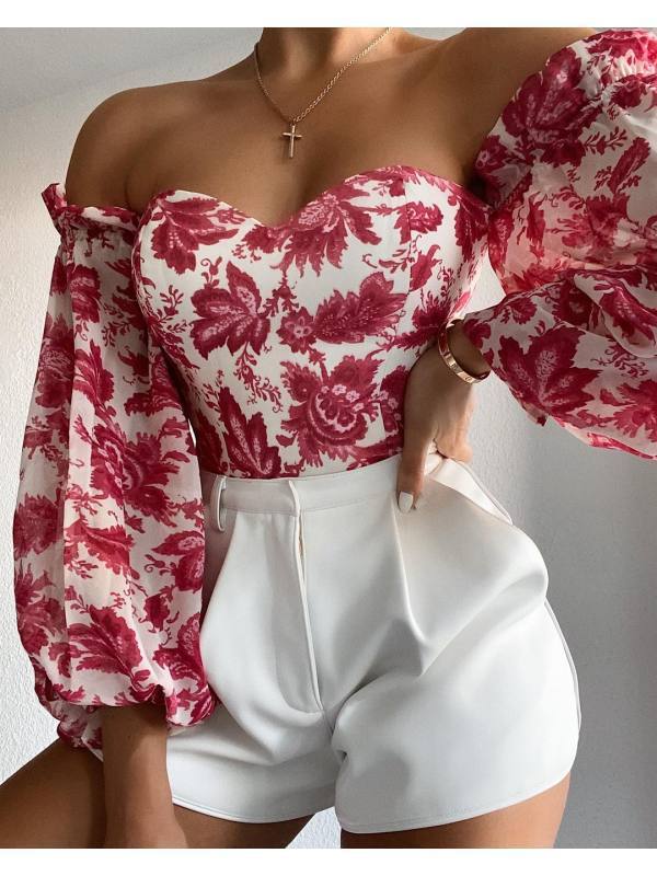 Sexy Off-shoulder Wrapped Chest Printed Lantern Sleeve Chiffon Shirt Blouse ARZ