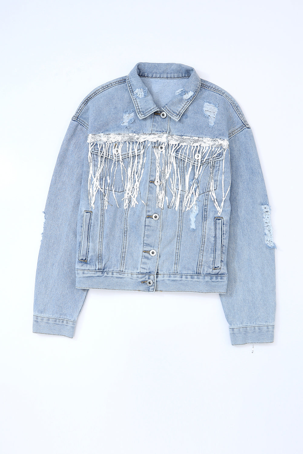 Sequin Fringe Trim Distressed Button Up Denim Jacket Trendsi