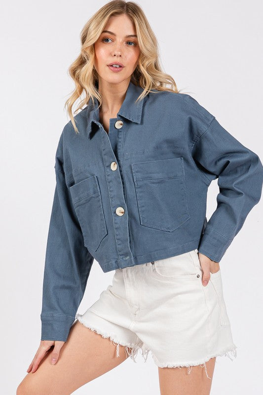 bytos Button Down Cropped Denim Jacket with Patch Pockets Trendsi