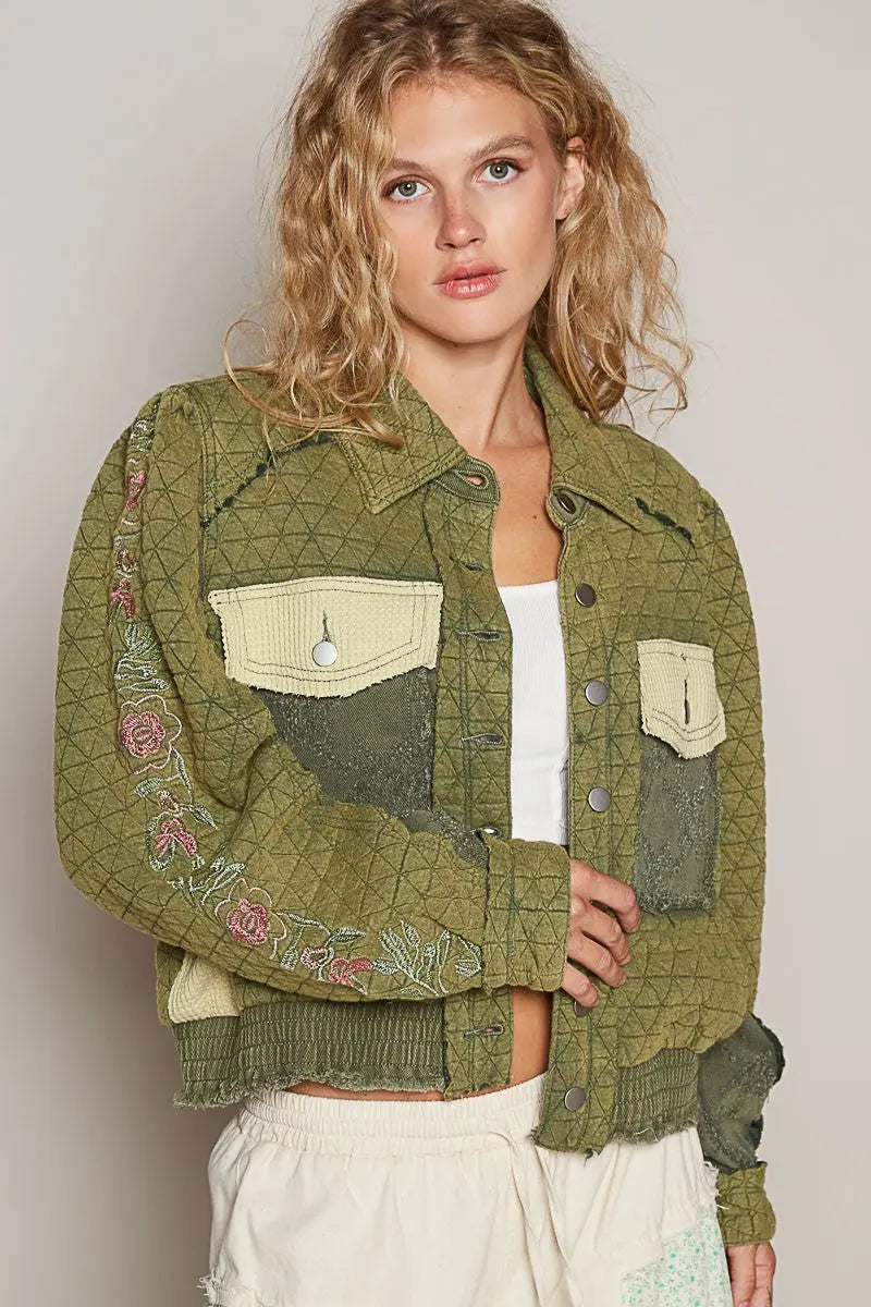 POL Embroidered Sleeve Raw Edge Quilted Jacket Trendsi