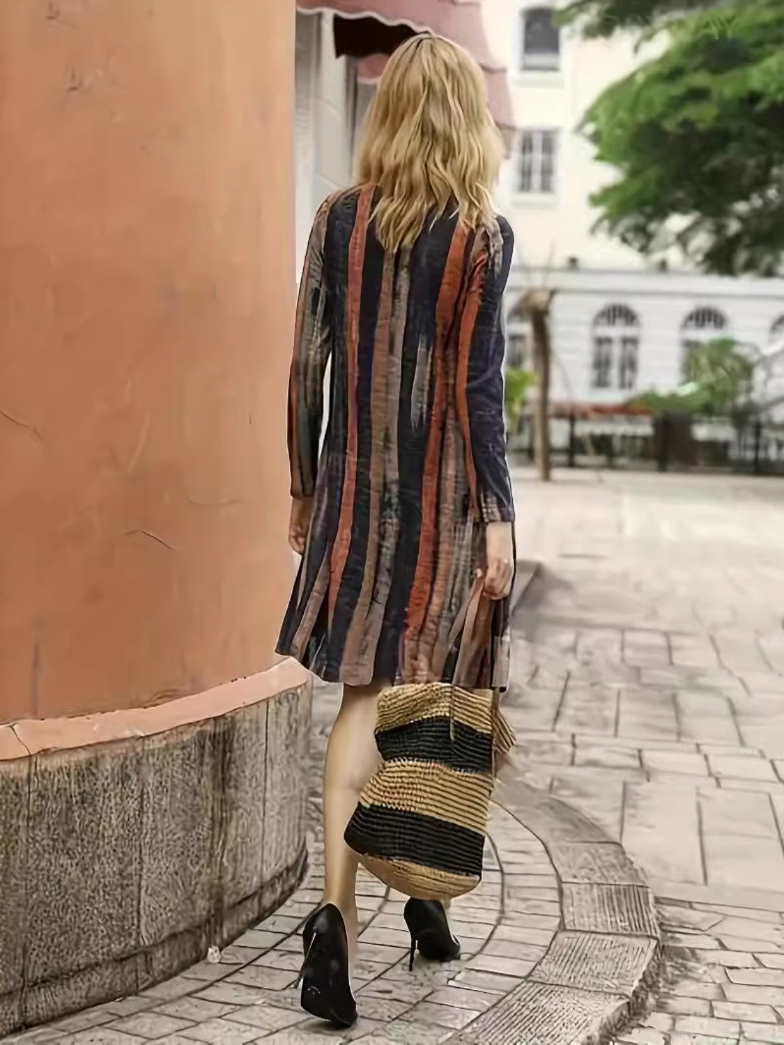 Full Size Contrast Stripes Long Sleeve Mini Dress Trendsi