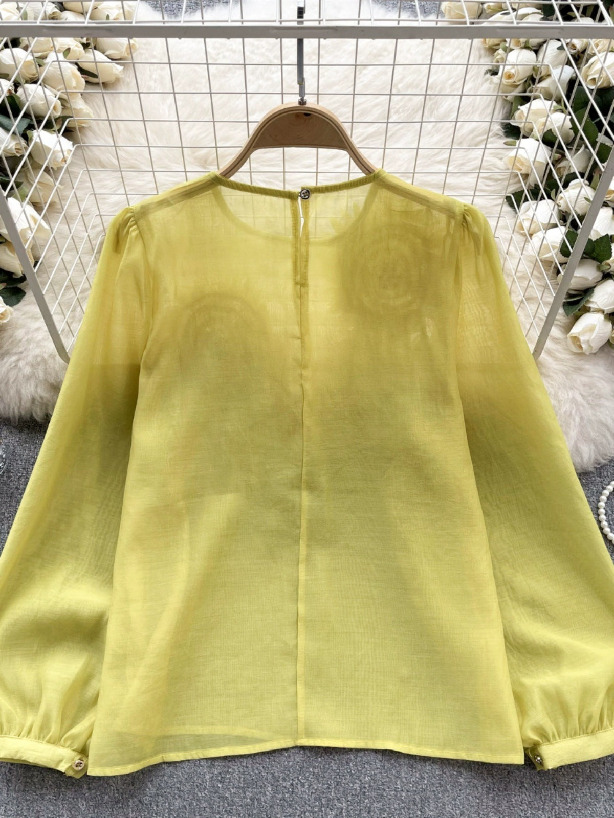 Design Three-dimensional Flower Slim-fit Puff Sleeve Pullover Shirt Women ARZ