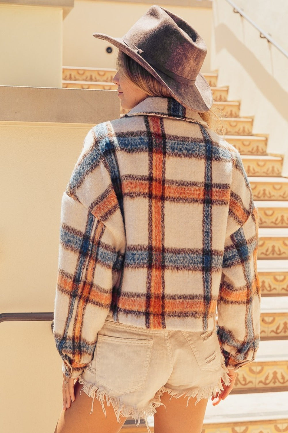 BiBi Brushed Plaid Crop Jacket with Pockets Trendsi