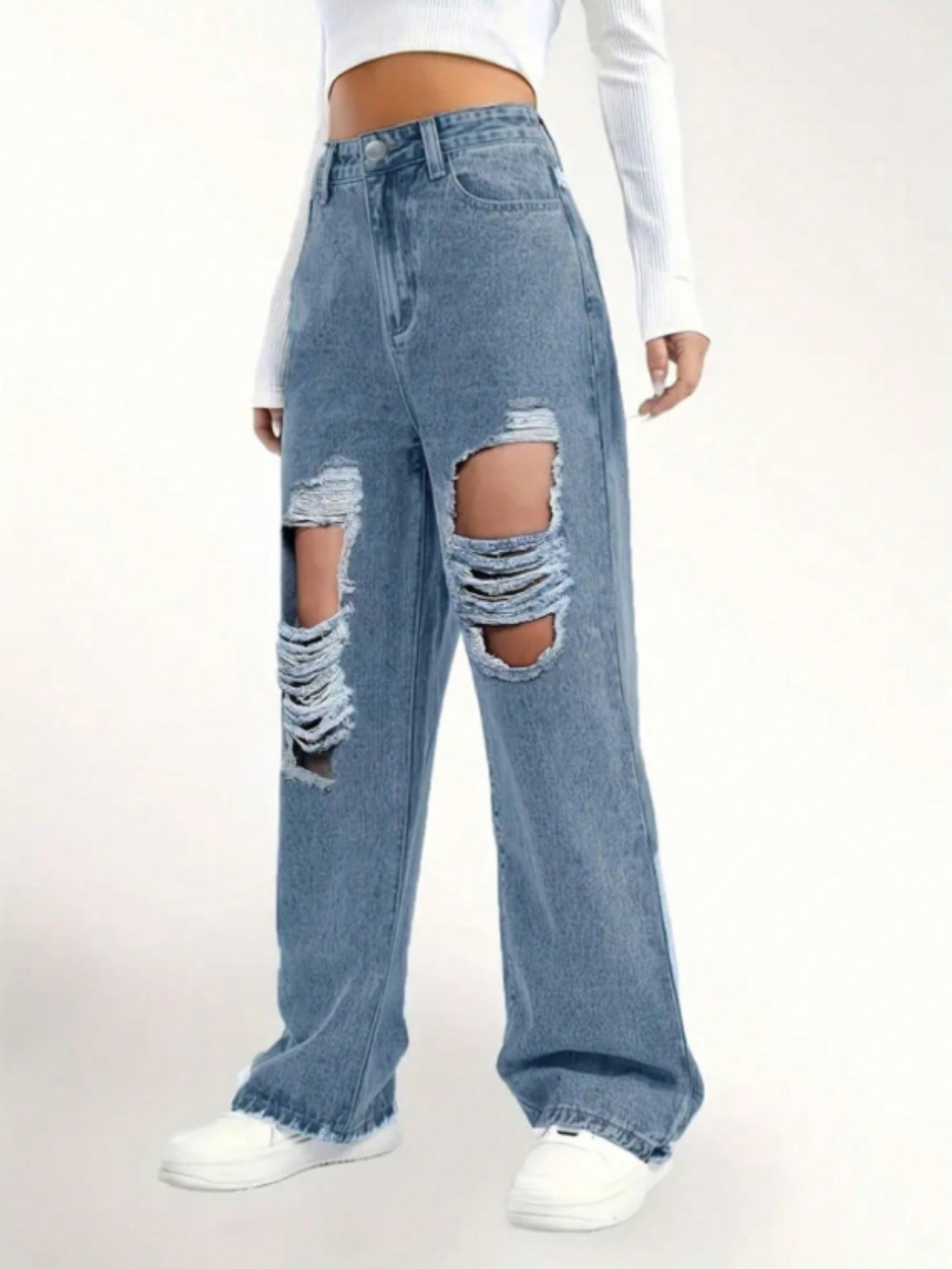 Distressed Wide Leg Jeans Trendsi