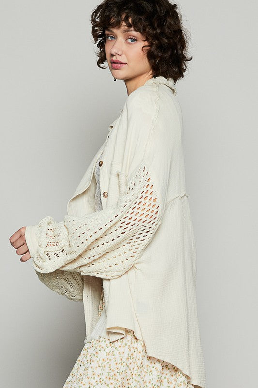 POL Openwork Lantern Sleeve Button Down Gauze Shirt Trendsi