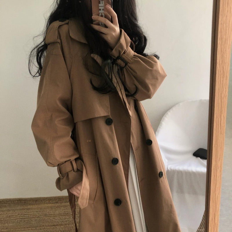 Women Black Trench Coat Mid Length Double Breasted Waist ARZ