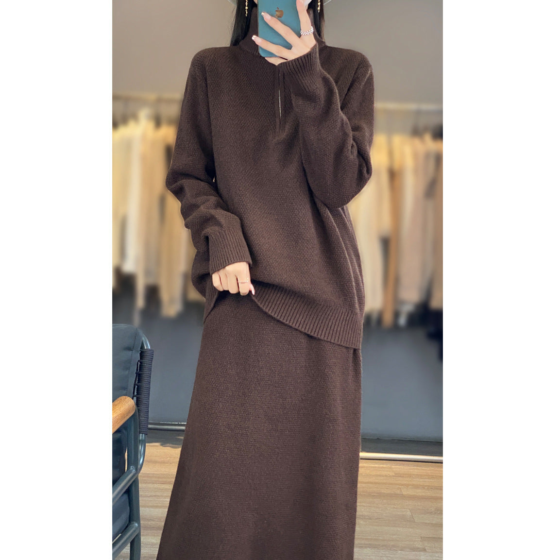 Half Zipper Turtleneck Two-piece Casual Thick Skirt Sweater Set ARZ