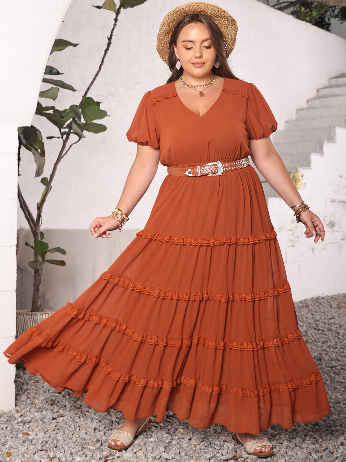 Plus Size Ruched Lace Detail V-Neck Short Sleeve Dress Trendsi