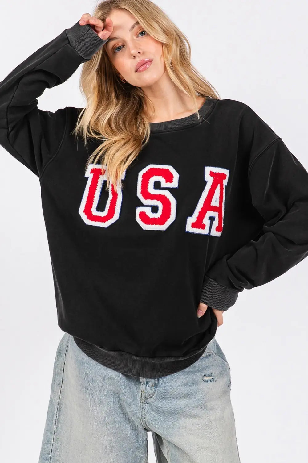 SAGE + FIG USA Letter Patch Round Neck Sweatshirt Trendsi