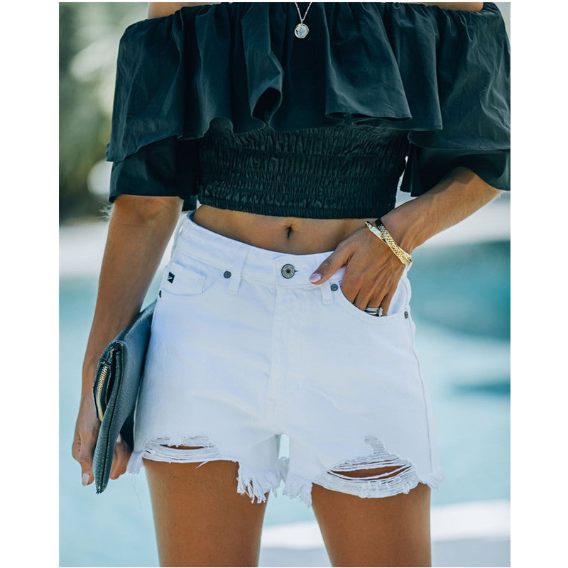 Women's High Waist White Hole Raw Edge Denim Shorts ARZ