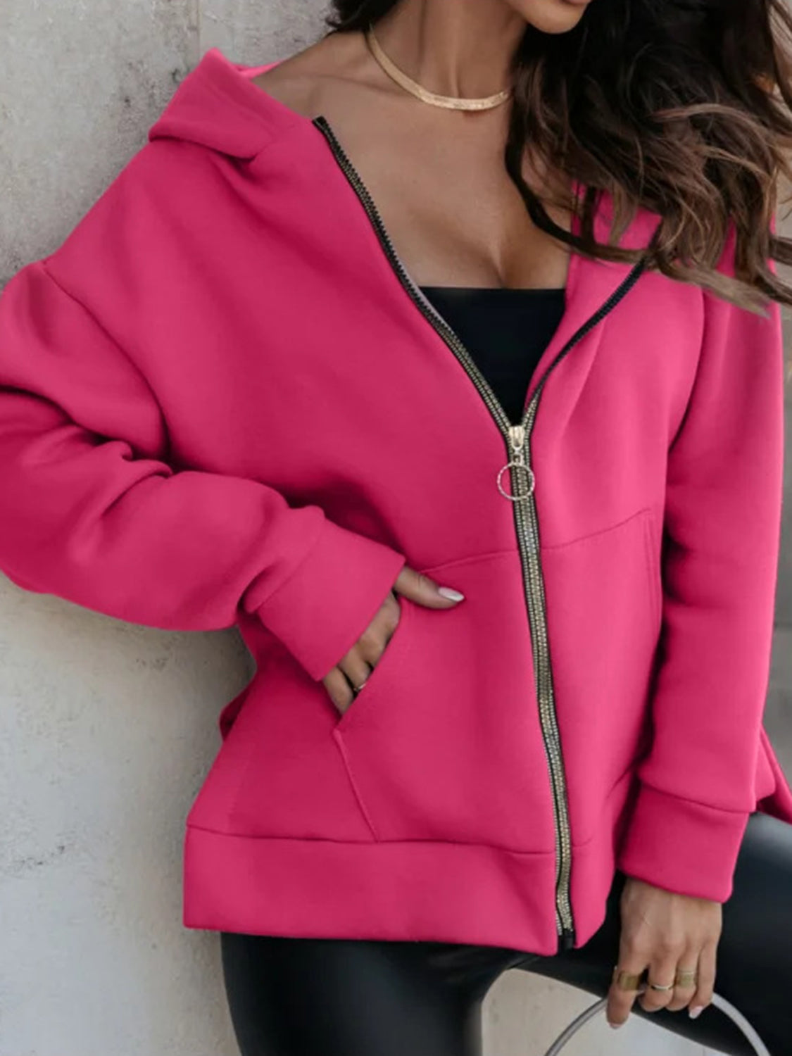 Zip-Up Slit Hoodie with Pockets Trendsi