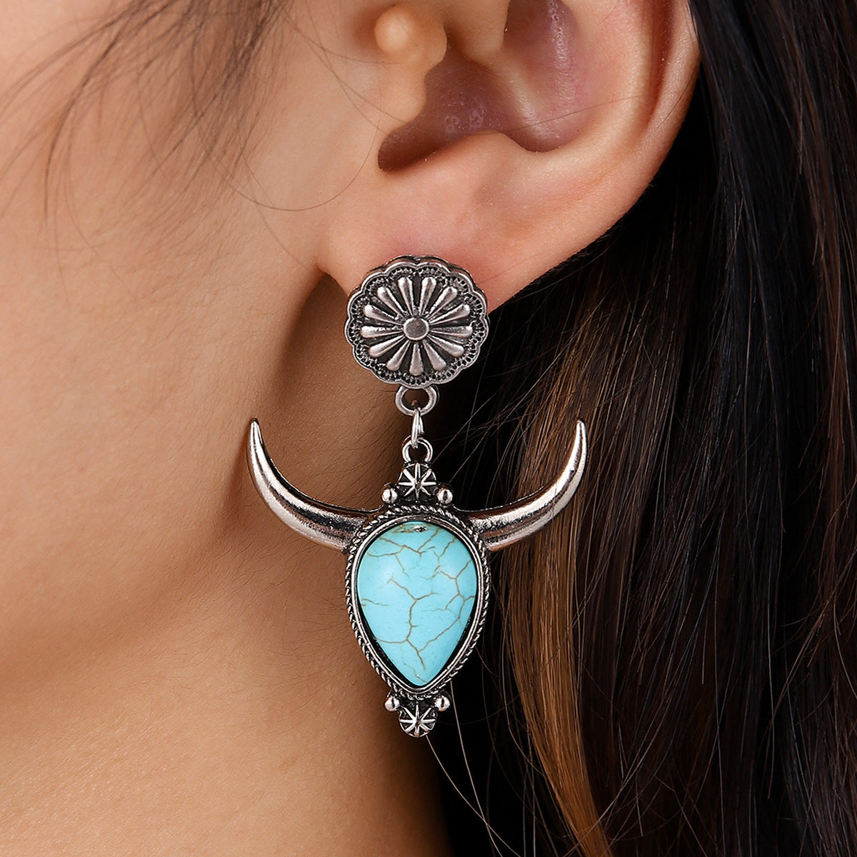 Artificial Turquoise Alloy Cow Head Earrings Trendsi