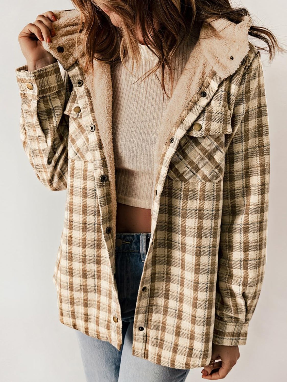 Plaid Snap Down Plush Hooded Jacket Trendsi