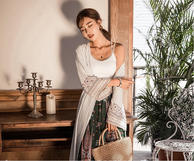 Beach holiday beach sun protection clothing female retro shawl outside summer bohemian flower striped thin cardigan ARZ