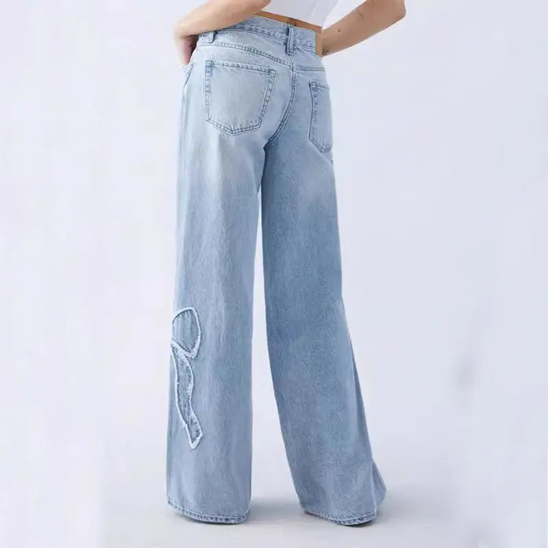 Women's Straight Trousers Embroidered Side Frayed Butterfly Jeans Street Design Hot Girl Baggy Pants ARZ