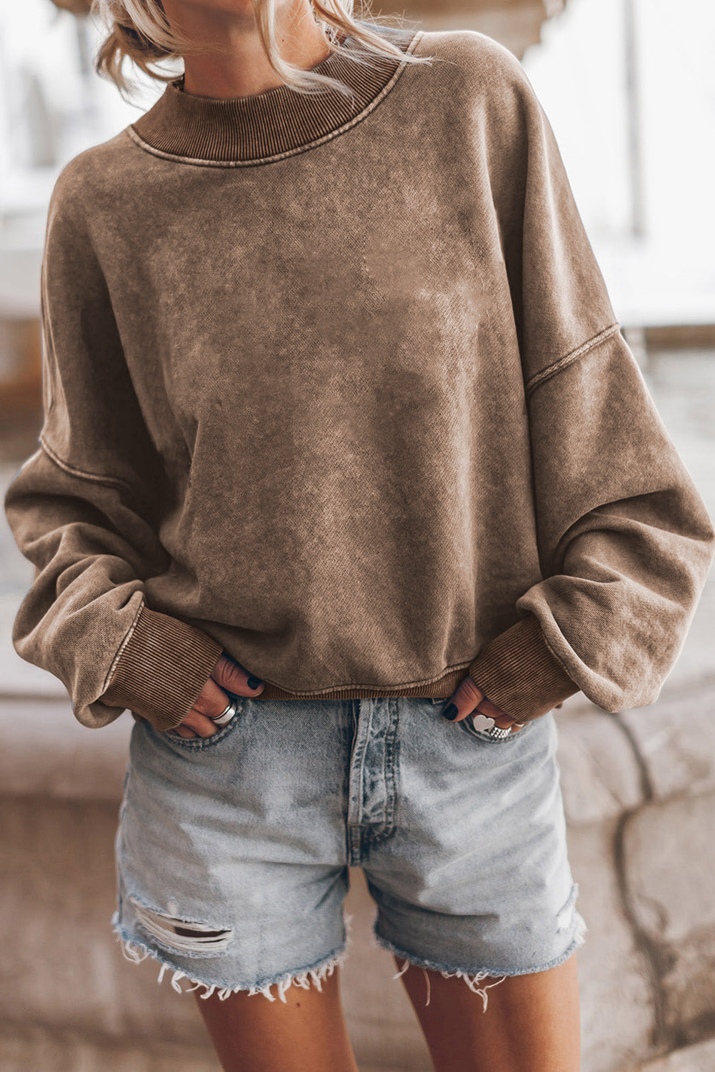 Mock Neck Dropped Shoulder Sweatshirt Trendsi