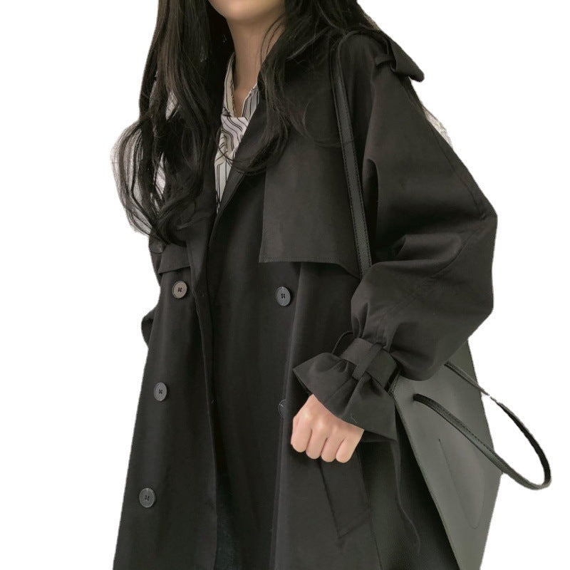 Women Black Trench Coat Mid Length Double Breasted Waist ARZ