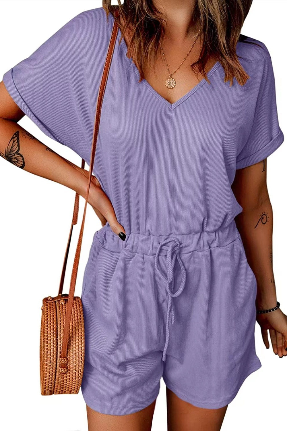 Full Size Drawstring V-Neck Short Sleeve Romper Trendsi