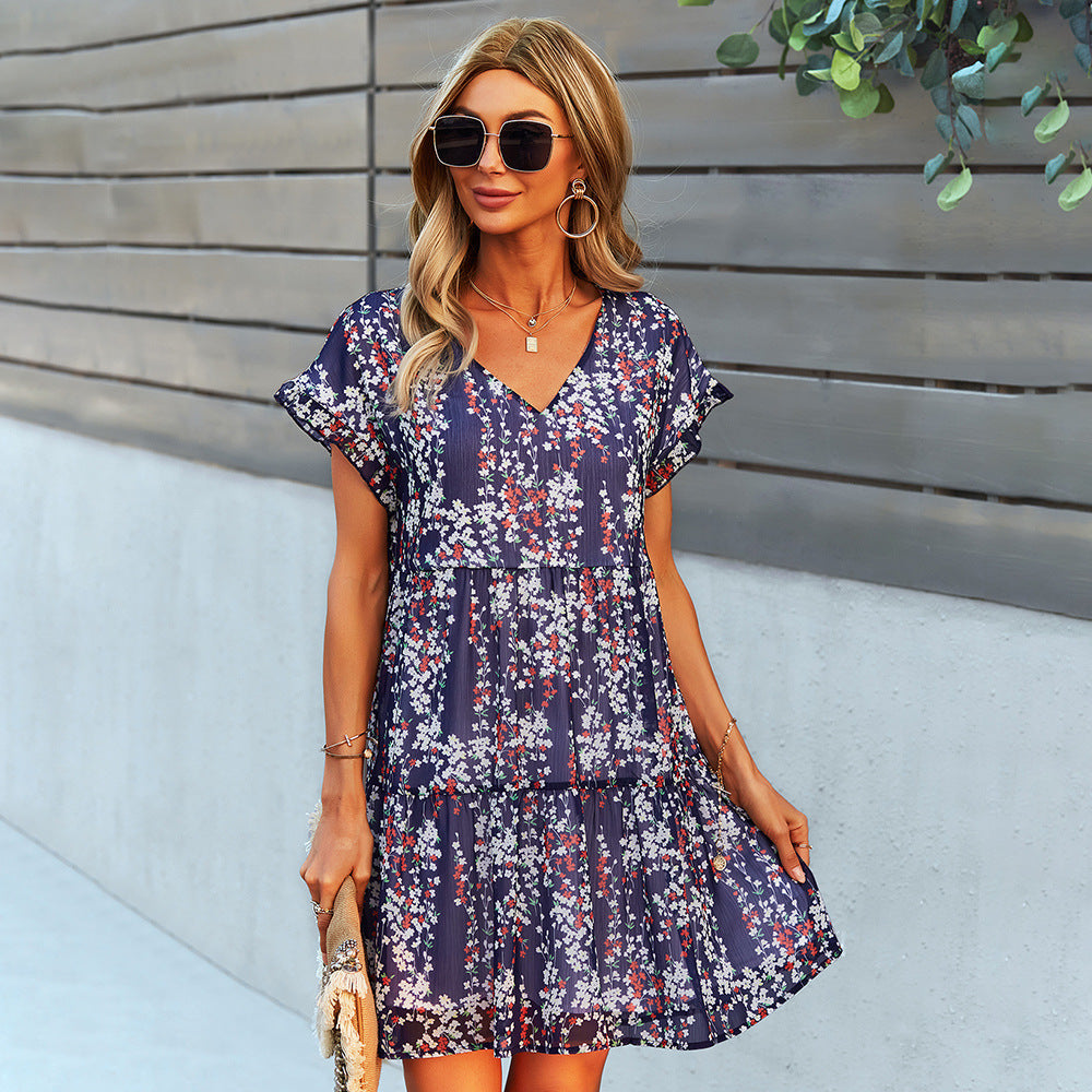 Flowers Print Short-sleeved Dress Summer Loose Chiffon A-line Dresses Fashion Casual Holiday Beach Dress For Womens Clothing ARZ