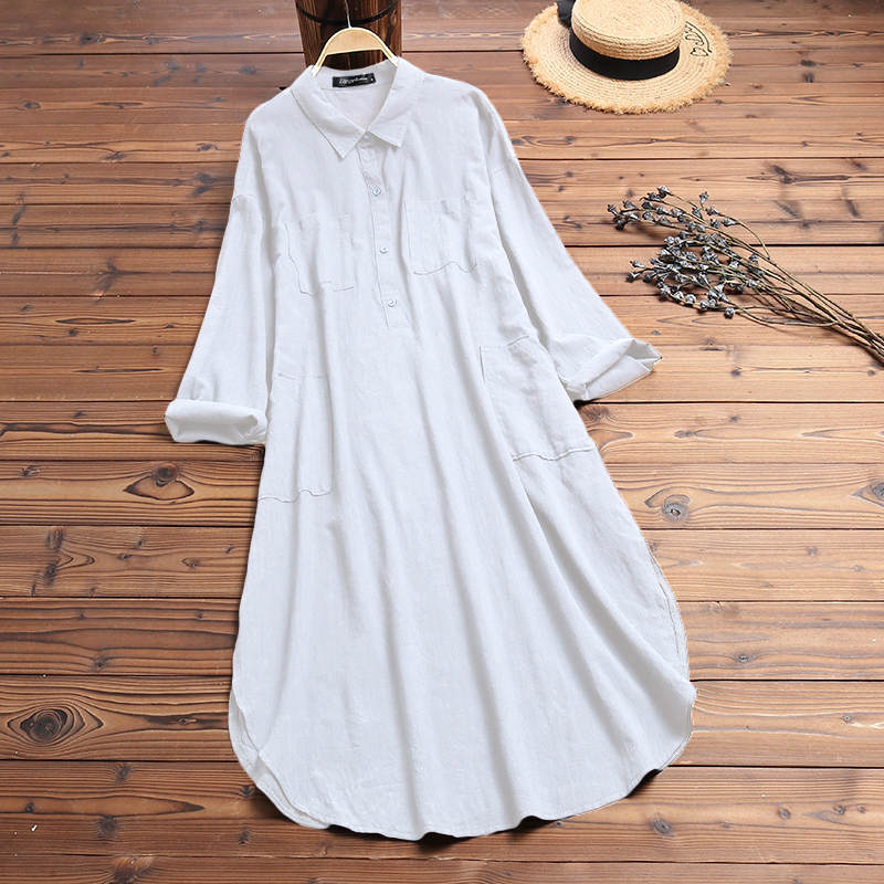 Elegant Solid Color Slit Dress Long Shirt Dress ARZ