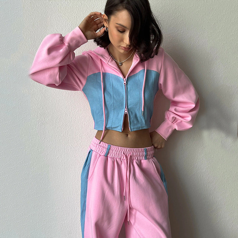 Casual Contrast Color Long Sleeve Color Matching Cardigan Cap Sweatpants Two-piece Set ARZ