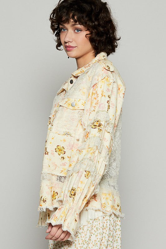 POL Raw Hem Lace Patch Flounce Sleeve Jacket Trendsi