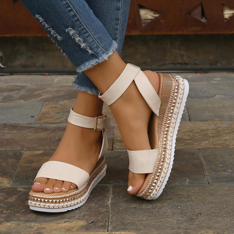 Summer Sandals Buckle Strap Hemp Wedges Platform Peep Toe Shoes Women ARZ