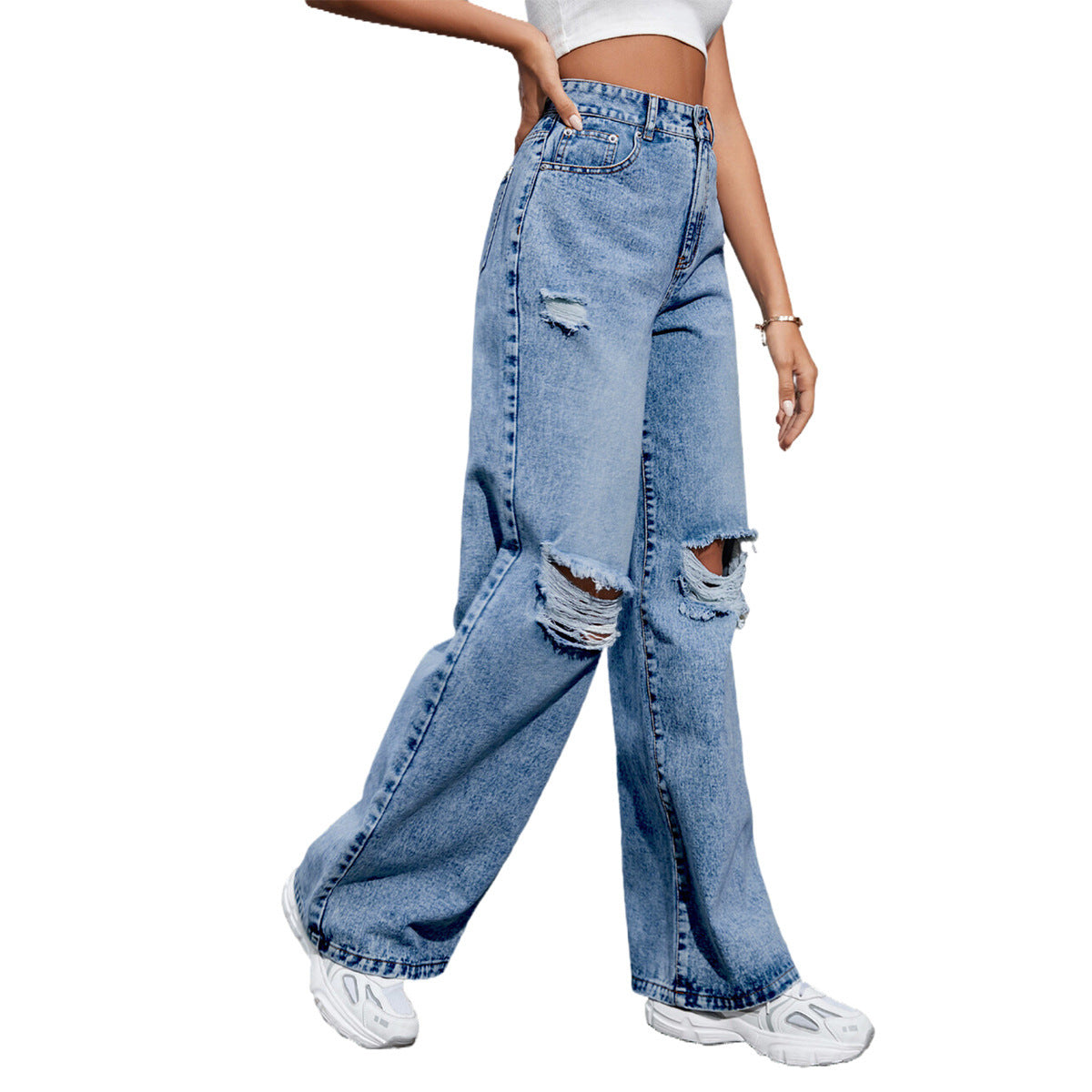 Women's Fashion Holes High Waist Casual Denim Trousers ARZ