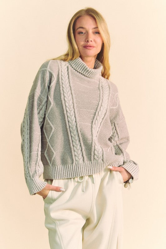 Davi & Dani Cable-Knit Turtleneck Dropped Shoulder Sweater Trendsi