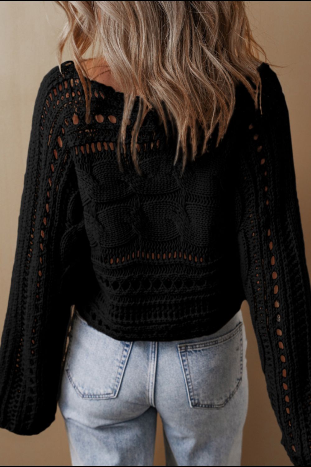 Openwork Cable Knit Long Sleeve Sweater Trendsi