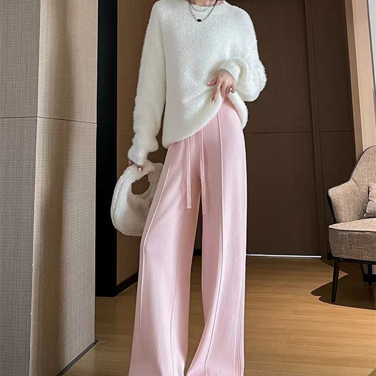 Sunken Stripe Knitted Wide Leg Women's Straight-leg Pants ARZ