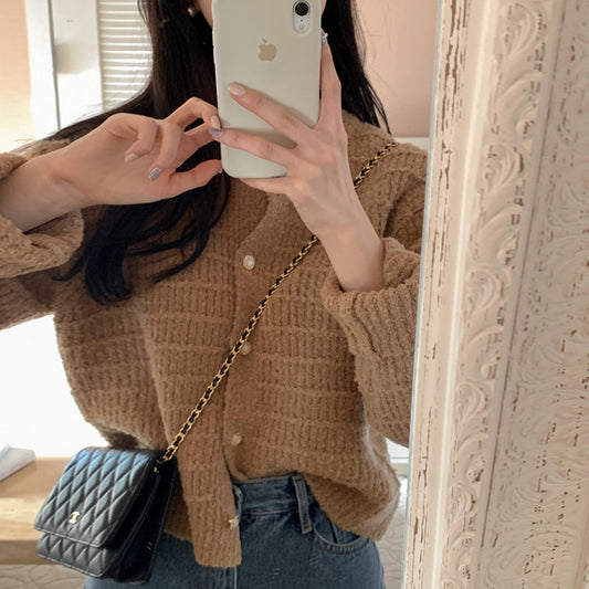 Round Neck Texture Woven Design Loose Long Sleeve Short Knitted Sweater ARZ