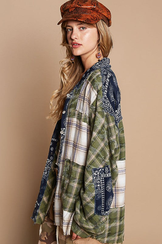 POL Patchwork Plaid Button Up Shirt Trendsi