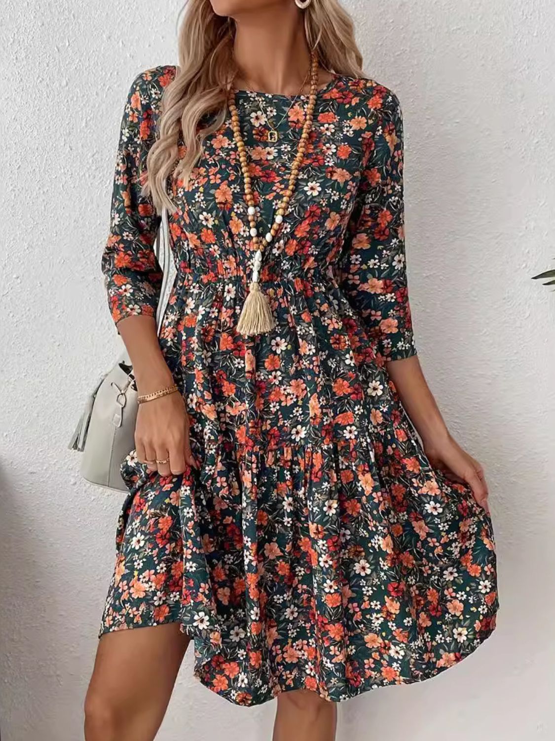 Frill Floral Round Neck Dress Trendsi