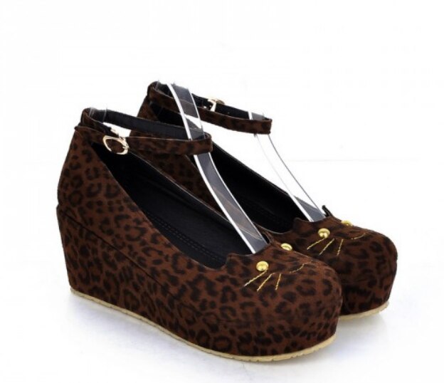 Cat Head Leopard Print Wedge Single Shoes Women Platform Platform Shoes ARZ