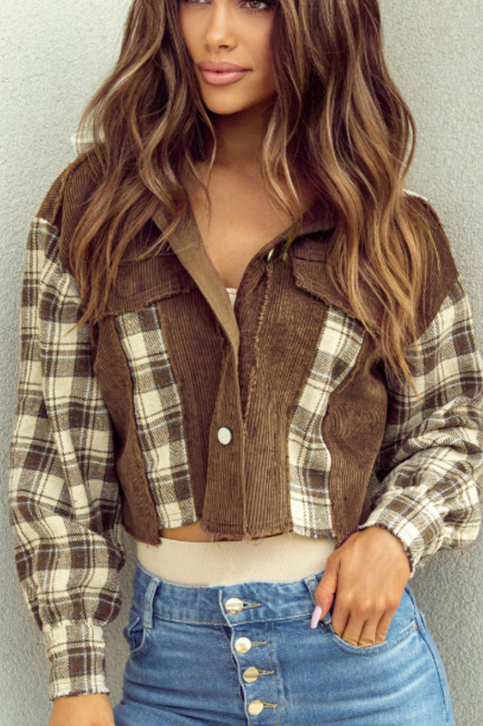 Raw Hem Plaid Cropped Hooded Jacket Trendsi