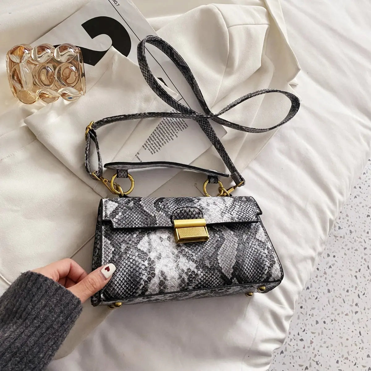 PU Leather Snakeskin Print Crossbody Bag Trendsi