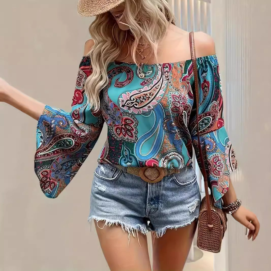 Printed Off-the-shoulder Women's Shirt Elegant Ruffle Sleeve Printed Blouse Sexy ARZ