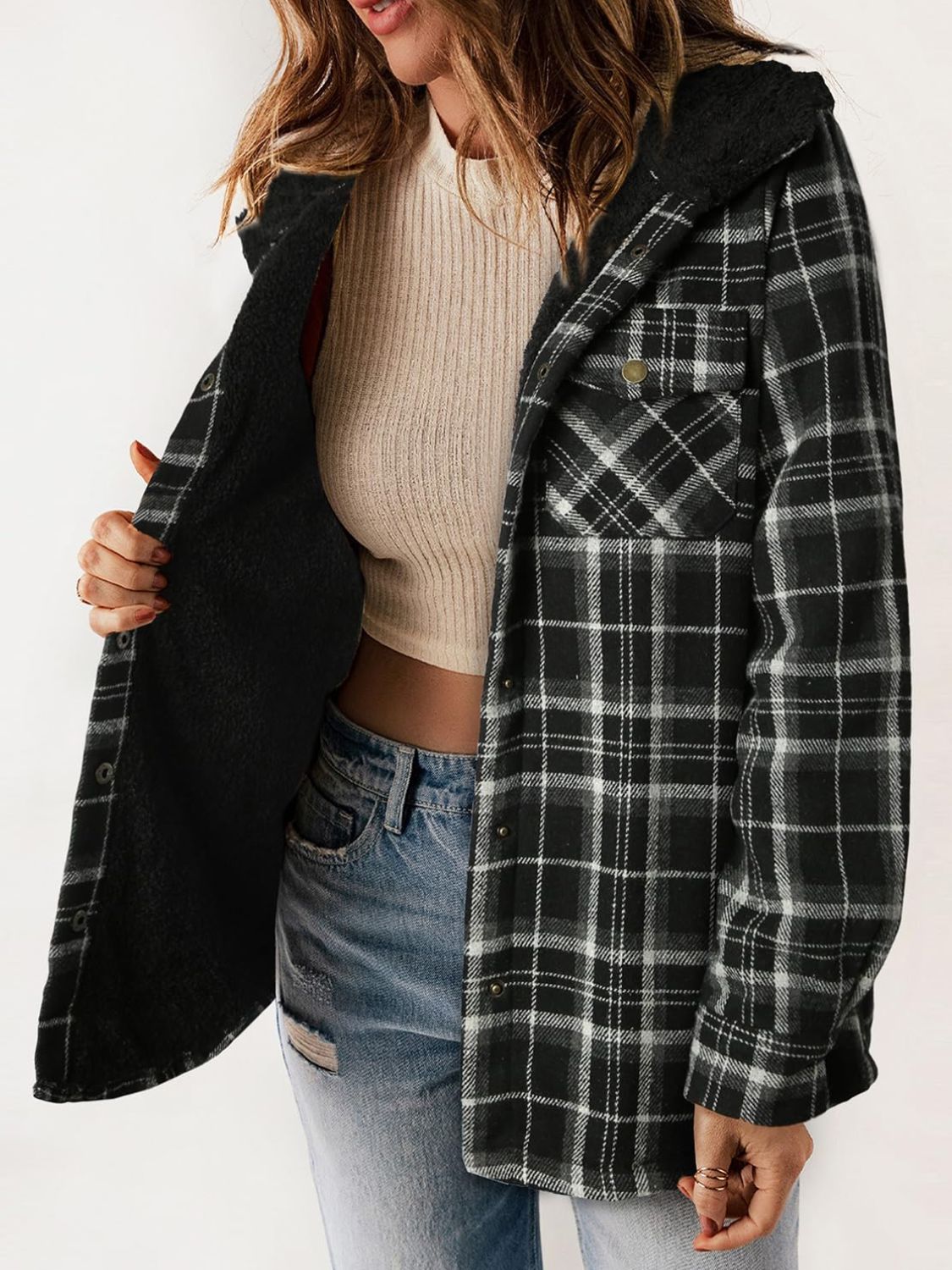 Plaid Snap Down Plush Hooded Jacket Trendsi