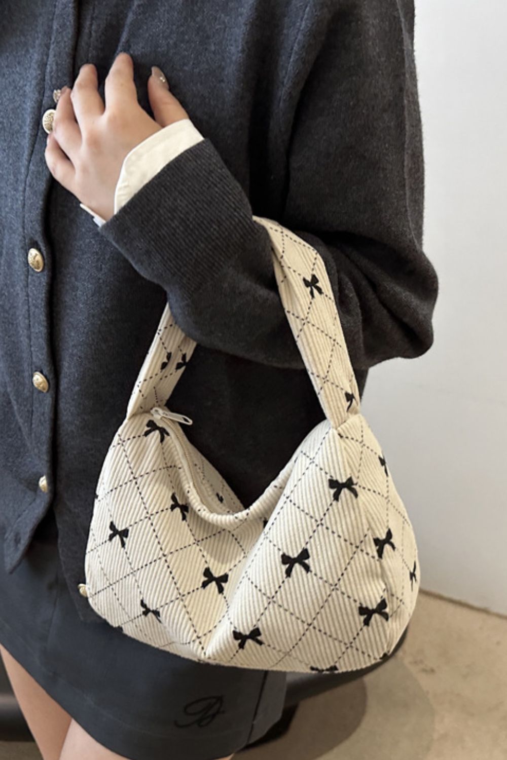 Corduroy Quilted Bow Handbag Trendsi