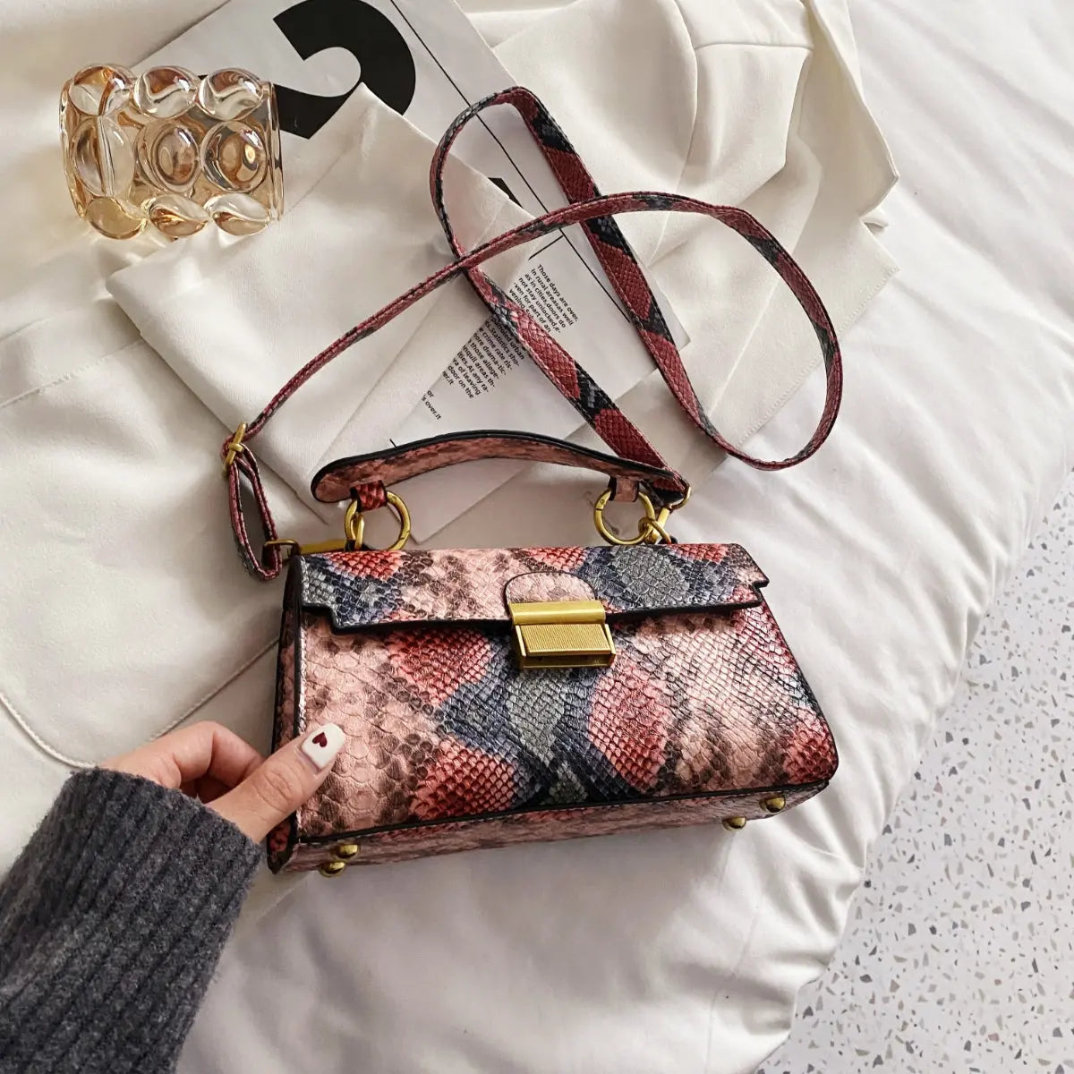 PU Leather Snakeskin Print Crossbody Bag Trendsi