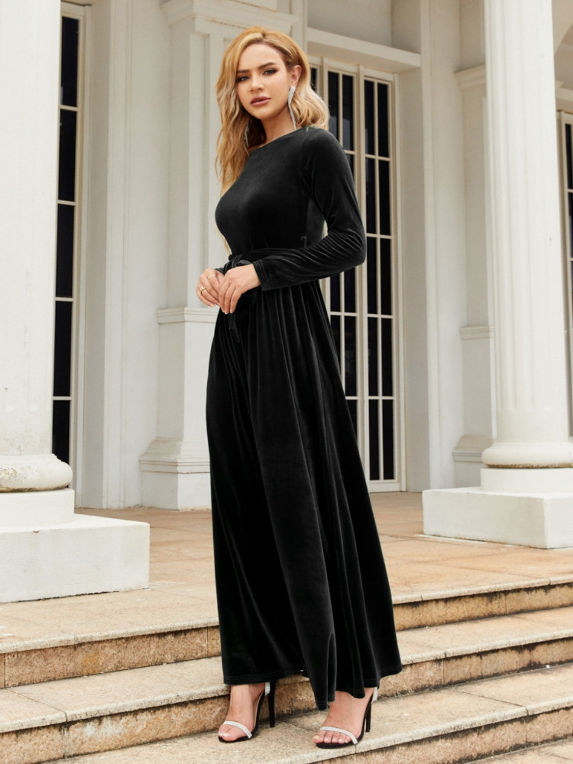 Tie Front Round Neck Long Sleeve Maxi Dress Trendsi